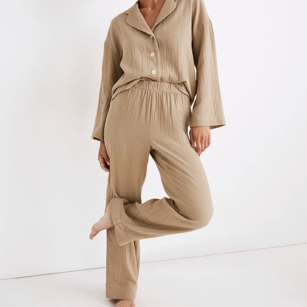 Madewell Double Gauze Pajama Set XS Small Ash Green Beige Natural Top Bottoms